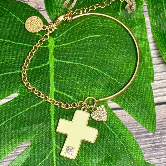 NWT Jane Marie Chain & Bar Bracelet w Cross & Heart Rhinestone Charms - Picture 4 of 10